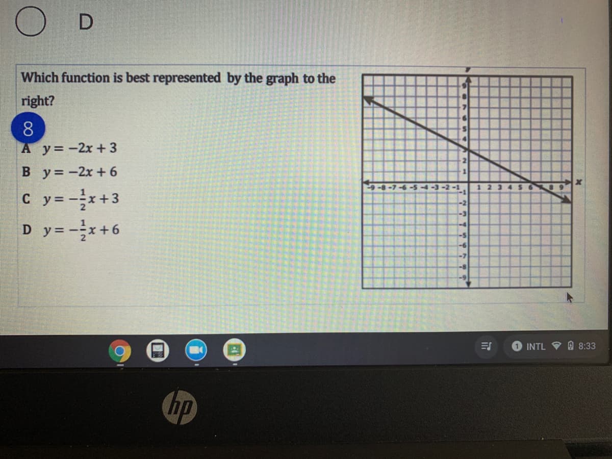 Which function is best represented by the graph to the
right?
8
A y=-2x + 3
B y= -2x +6
-6 -5 -4-3-2-1
12
C y=-x+3
D y=-x+6
-2
-3
-4
-5
-6
-7
-8
1 INTL V 8:33
