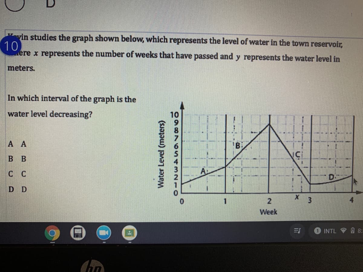 Wevin studies the graph shown below, which represents the level of water in the town reservoir,
10
ere x represents the number of weeks that have passed and y represents the water level in
meters.
In which interval of the graph is the
water level decreasing?
А А
В в
С С
D D
1
2
3
Week
INTL 8:-
