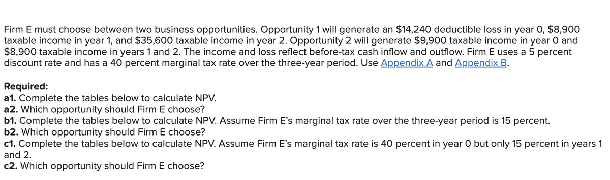 Firm E must choose between two business opportunities. Opportunity 1 will generate an $14,240 deductible loss in year $8,900
taxable income in year 1, and $35,600 taxable income in year 2. Opportunity 2 will generate $9,900 taxable income in year O and
$8,900 taxable income in years 1 and 2. The income and loss reflect before-tax cash inflow and outflow. Firm E uses a 5 percent
discount rate and has a 40 percent marginal tax rate over the three-year period. Use Appendix A and Appendix B.
Required:
a1. Complete the tables below to calculate NPV.
a2. Which opportunity should Firm E choose?
b1. Complete the tables below to calculate NPV. Assume Firm E's marginal tax rate over the three-year period is 15 percent.
b2. Which opportunity should Firm E choose?
c1. Complete the tables below to calculate NPV. Assume Firm E's marginal tax rate is 40 percent in year O but only 15 percent in years 1
and 2.
c2. Which opportunity should Firm E choose?