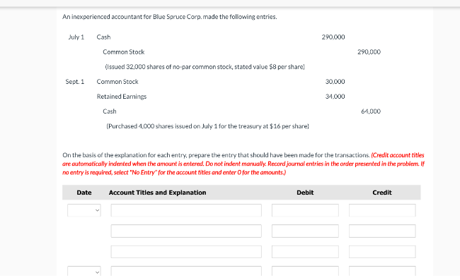 An inexperienced accountant for Blue Spruce Corp. made the following entries.
July 1
Sept. 1
Cash
Date
Common Stock
(Issued 32,000 shares of no-par common stock, stated value $8 per share)
Common Stock
Retained Earnings
Cash
(Purchased 4,000 shares issued on July 1 for the treasury at $16 per share)
Account Titles and Explanation
290,000
Debit
30,000
34,000
On the basis of the explanation for each entry, prepare the entry that should have been made for the transactions. (Credit account titles
are automatically indented when the amount is entered. Do not indent manually. Record journal entries in the order presented in the problem. If
no entry is required, select "No Entry" for the account titles and enter O for the amounts.)
290,000
64,000
Credit