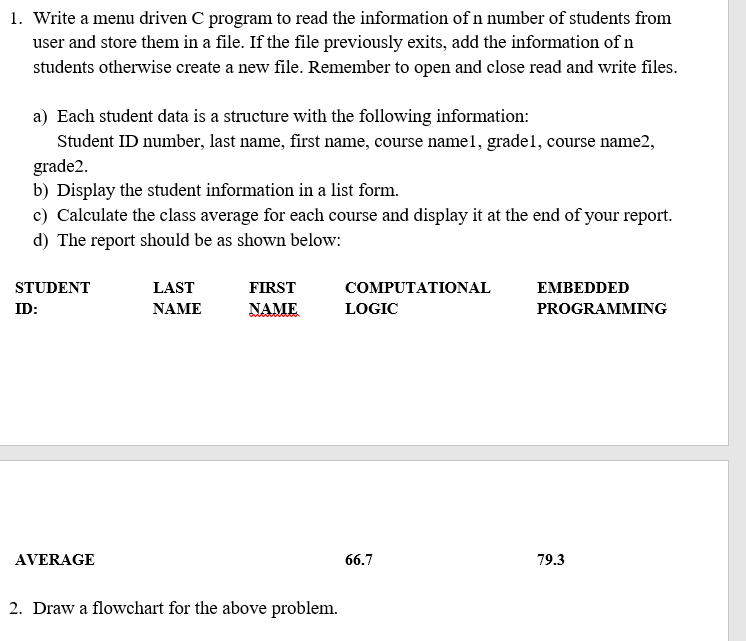 1. Write a menu driven C program to read the information of n number of students from
user and store them in a file. If the file previously exits, add the information of n
students otherwise create a new file. Remember to open and close read and write files.
a) Each student data is a structure with the following information:
Student ID number, last name, first name, course name1, grade1, course name2,
grade2.
b) Display the student information in a list form.
c) Calculate the class average for each course and display it at the end of your report.
d) The report should be as shown below:
STUDENT
LAST
FIRST
COMPUTATIONAL
EMBEDDED
ID:
NAME
NAME
LOGIC
PROGRAMMING
AVERAGE
66.7
79.3
2. Draw a flowchart for the above problem.
