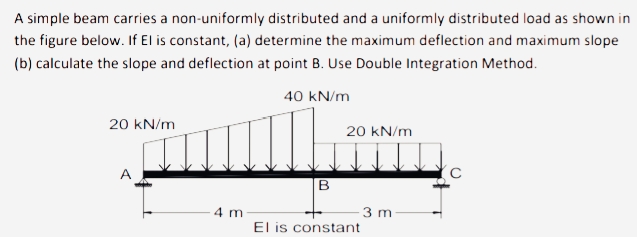 A simple beam carries a non-uniformly distributed and a uniformly distributed load as shown in
the figure below. If El is constant, (a) determine the maximum deflection and maximum slope
(b) calculate the slope and deflection at point B. Use Double Integration Method.
40 kN/m
20 kN/m
20 kN/m
A
B
4 m
3 m
El is constant
