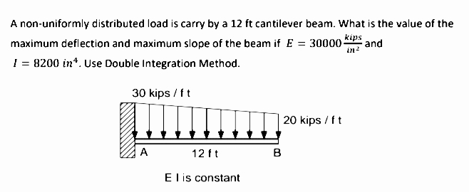 A non-uniformly distributed load is carry by a 12 ft cantilever beam. What is the value of the
kips
maximum deflection and maximum slope of the beam if E = 30000-
and
in?
!= 8200 in*. Use Double Integration Method.
30 kips / ft
20 kips / ft
A
12 ft
E l is constant
