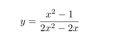 The given equation is:

\[ y = \frac{x^2 - 1}{2x^2 - 2x} \]

This equation represents a rational function where \( y \) is expressed as the ratio of two polynomials in \( x \). The numerator of the fraction is \( x^2 - 1 \) and the denominator is \( 2x^2 - 2x \).

To further understand this function, we can analyze its components:
1. **Numerator**: \( x^2 - 1 \)
   - This is a quadratic expression that can be factored as \( (x + 1)(x - 1) \).

2. **Denominator**: \( 2x^2 - 2x \)
   - This can also be factored by taking out a common factor of 2, resulting in \( 2(x^2 - x) = 2x(x - 1) \).

With these factorizations, the function can be rewritten as:

\[ y = \frac{(x + 1)(x - 1)}{2x(x - 1)} \]

We can simplify further by canceling the common factor \((x - 1)\) from the numerator and the denominator, given \( x \neq 1 \):

\[ y = \frac{x + 1}{2x} \quad \text{for} \quad x \neq 1 \]

Thus, the simplified form of the function is:

\[ y = \frac{x + 1}{2x} \]

In this simplified form, it is easier to analyze the behavior of \( y \) in terms of \( x \). It's important to note the excluded value \( x \neq 1 \) because at \( x = 1 \), the original denominator becomes zero, which makes the function undefined at that point.

### Graphical Representation:
If provided, the plot of this function will show:
- A vertical asymptote at \( x = 1 \) due to the excluded value.
- Analyzing \( y = \frac{x + 1}{2x} \):
  - Horizontal asymptote as \( x \) approaches \( \infty \) will be \( y = \frac{1}{2} \).
  - The function will approach \( y = 0 \) as \( x \) approaches negative or positive infinity.
