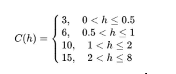 3, 0<h<0.5
6, 0.5 < h < 1
10, 1<h<2
15, 2<h < 8
C(h) =
