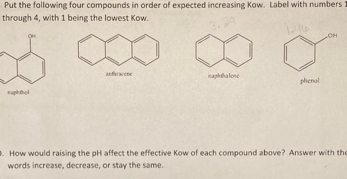 Put the following four compounds in order of expected increasing Kow. Label with numbers 1
through 4, with 1 being the lowest Kow.
OH
naphthol
anthracene
naphthalene
phenol
OH
). How would raising the pH affect the effective Kow of each compound above? Answer with the
words increase, decrease, or stay the same.