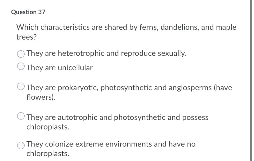 Question 37
Which characteristics are shared by ferns, dandelions, and maple
trees?
They are heterotrophic and reproduce sexually.
They are unicellular
They are prokaryotic, photosynthetic and angiosperms (have
flowers).
They are autotrophic and photosynthetic and possess
chloroplasts.
They colonize extreme environments and have no
chloroplasts.
