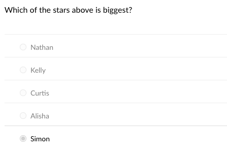 Which of the stars above is biggest?
Nathan
Kelly
Curtis
Alisha
Simon