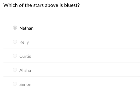 Which of the stars above is bluest?
Nathan
Kelly
Curtis
Alisha
Simon