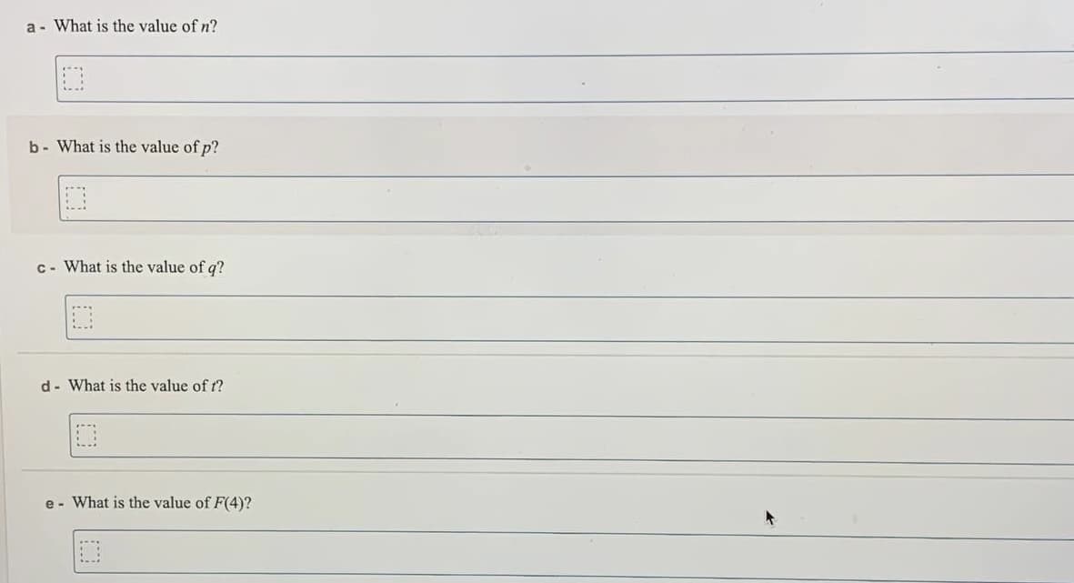 a - What is the value of n?
b- What is the value of p?
c- What is the value of q?
d- What is the value of t?
e - What is the value of F(4)?
