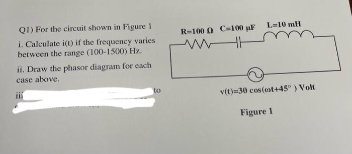 Q1) For the circuit shown in Figure 1
R=100 Q C=100 µF
L=10 mH
i. Calculate i(t) if the frequency varies
between the range (100-1500) Hz.
ii. Draw the phasor diagram for each
case above.
ii
to
v(t)=30 cos(ot+45° ) Volt
Figure 1
