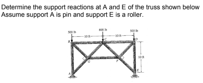 Determine the support reactions at A and E of the truss shown below
Assume support A is pin and support E is a roller.
800 Ib
500 lb
500 lb
- 10 ft-
-10 ft-
B)
10 ft
