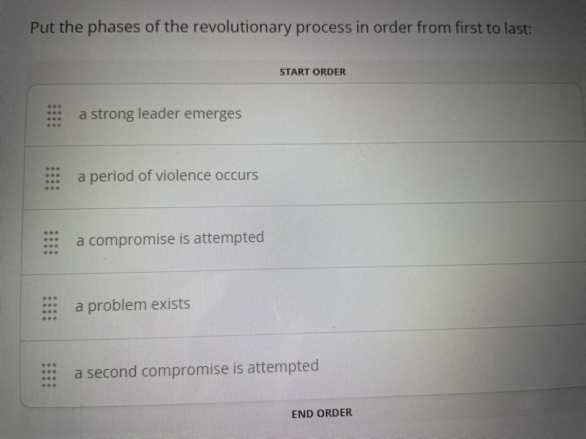 Put the phases of the revolutionary process in order from first to last:
a strong leader emerges
a period of violence occurs
a compromise is attempted
a problem exists
START ORDER
a second compromise is attempted
END ORDER