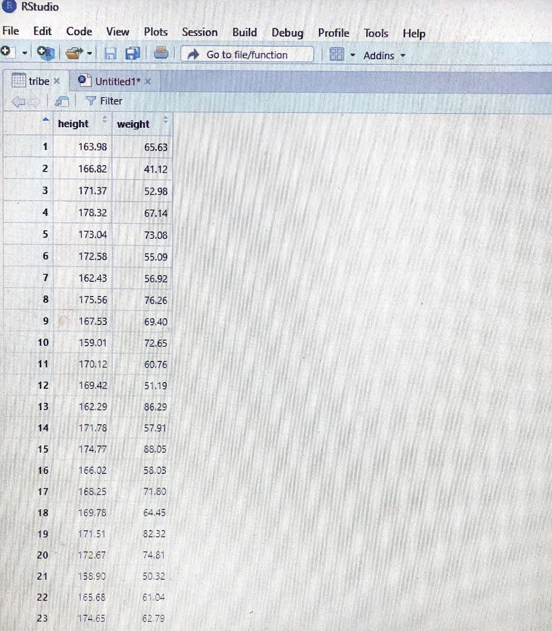 RStudio
File Edit Code View Plots
+
tribe x
1
2
3
4
5
LO
6
7
8
9
10
12
13
MN
15
16
17
18
19
20
21
22
23
height
Untitled1* *
Filter
4
163.98
166.82
171.37
178.32
173.04
172.58
162.43
175.56
167.53
159.01
170.12
169.42
162.29
171.78
174.77
166.02
168.25
169.78
171.51
172.67
158.90
165.68
174.65
weight
65.63
41.12
52.98
67.14
73.08
55.09
56.92
76.26
69.40
72.65
60.76
51.19
86.29
57.91
88.05
58.03
71.80
64.45
82.32
74.81
50.32
61.04
62.79
Session Build Debug Profile
Go to file/function
M
Tools Help
Addins -