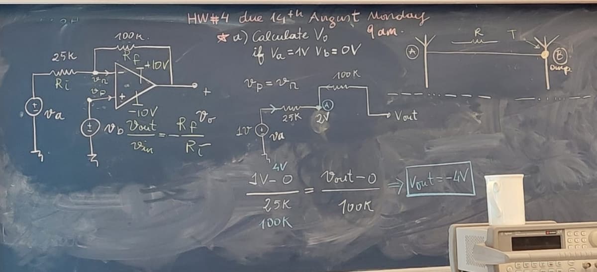 25k
Ri
va
V2
Up
100 к.
VD
of +10V
HW#4 due 14th
a) Calculate Vo
-TOV
Vout Rf
Vin
Vo
RE
vp = 2,
1V
if V₁ = 1V Vý= OV
100 K
25K
va
R
August Monday
9am.
1V-O
25K
100 к
2V
Vout-0
100 к
Vout
R
mu
|Vout=-4V|
T
отр
EFECEG
COO
COO