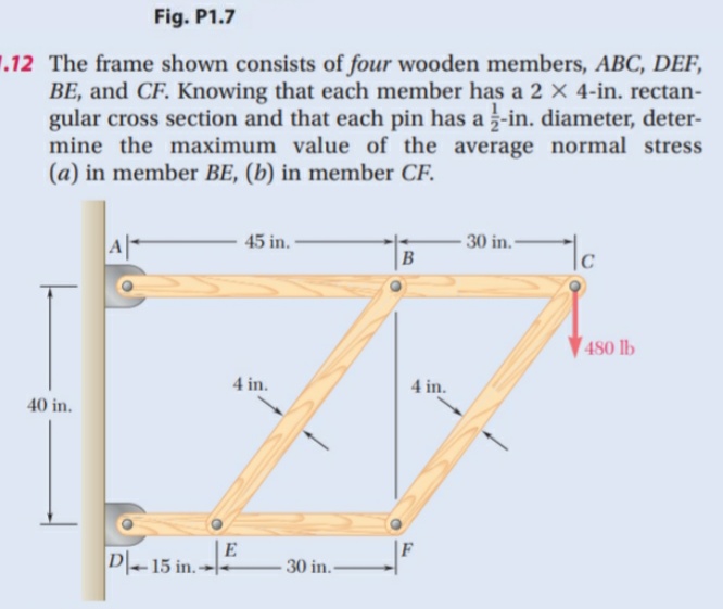 Fig. P1.7
1.12 The frame shown consists of four wooden members, ABC, DEF,
BE, and CF. Knowing that each member has a 2 x 4-in. rectan-
gular cross section and that each pin has a-in. diameter, deter-
mine the maximum value of the average normal stress
(a) in member BE, (b) in member CF.
45 in. -
-30 in.-
C
480 lb
4 in.
4 in.
40 in.
F
D-15 in.-
30 in.
