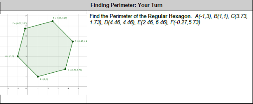 Finding Perimeter: Your Turn
Find the Perimeter of the Regular Hexagon. A(-1,3), B(1,1), C(3.73,
1.73), D(4.46, 4.46), E(2.46, 6.46), F(-0.27,5.73)
E-24, E40
D-1,1
