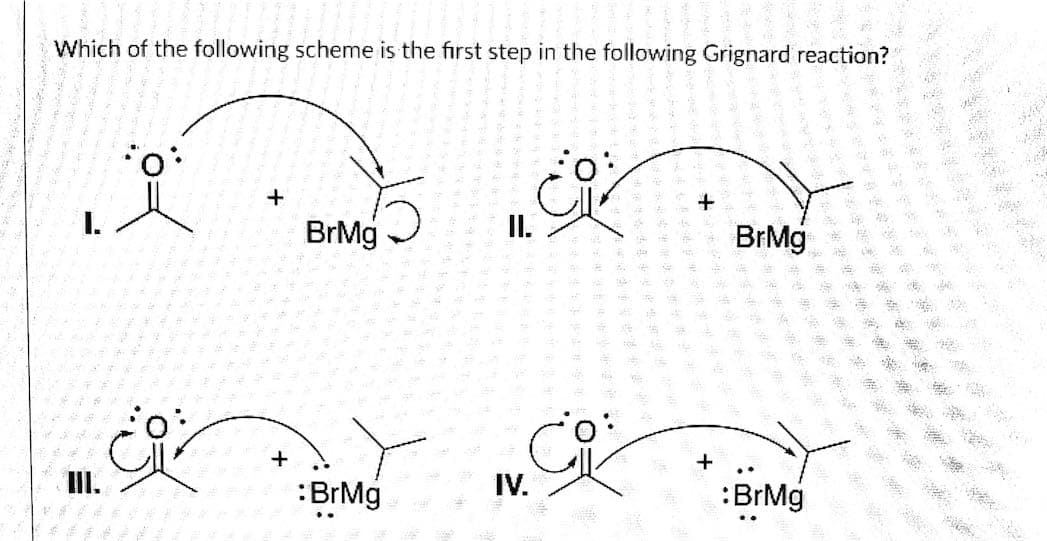 ### Grignard Reaction: First Step Identification

**Question:**
Which of the following schemes is the first step in the following Grignard reaction?

**Schemes:**

1. **Scheme I:**
   - The scheme depicts a Grignard reagent (BrMg) approaching the carbonyl group of acetone. The reaction arrow indicates the movement of electrons from the carbon atom of the Grignard reagent (bearing a partial negative charge) towards the carbon atom of the carbonyl group, suggesting the formation of a new carbon-carbon bond. 

2. **Scheme II:**
   - In this scheme, the carbonyl oxygen's lone pair electrons are suggested to attack the magnesium of the Grignard reagent (BrMg). The electrons from the carbonyl carbon bond shift, suggesting a different mechanism compared to Scheme I.

3. **Scheme III:**
   - This scheme illustrates the lone pair of electrons on the oxygen of the carbonyl group forming a bond with the magnesium of the Grignard reagent (BrMg). The arrows and notations suggest a nucleophilic attack from the opposite direction to Scheme II.

4. **Scheme IV:**
   - Similar to Scheme II, this scheme indicates the lone pair of electrons on the carbonyl oxygen attacking the magnesium atom from BrMg. However, the positioning and resultant movement of electrons are slightly different.

**Explanation of Graphs/Diagrams:**
- Each scheme represents potential mechanisms for the initial step in the Grignard reaction involving a carbonyl compound (acetone) and a Grignard reagent (BrMg).
- The arrows within each diagram demonstrate the flow of electron pairs and indicate which atoms are involved in bond formation or breaking.
- The dotted areas represent electron lone pairs on oxygen atoms which are capable of initiating nucleophilic or electrophilic attacks.

**Objective:**
Understand the nature and direction of electron flow in Grignard reagent's interaction with a carbonyl compound to predict the correct initial mechanistic step of the reaction.

By analyzing the schemes, learners might understand the correct mechanistic step by focusing on the nucleophilicity of the carbonyl oxygen and the electrophilicity of the Grignard reagent.