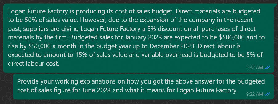 Logan Future Factory is producing its cost of sales budget. Direct materials are budgeted
to be 50% of sales value. However, due to the expansion of the company in the recent
past, suppliers are giving Logan Future Factory a 5% discount on all purchases of direct
materials by the firm. Budgeted sales for January 2023 are expected to be $500,000 and to
rise by $50,000 a month in the budget year up to December 2023. Direct labour is
expected to amount to 15% of sales value and variable overhead is budgeted to be 5% of
direct labour cost.
9:32 AM ✓
Provide your working explanations on how you got the above answer for the budgeted
cost of sales figure for June 2023 and what it means for Logan Future Factory.
9:32 AM ✓/