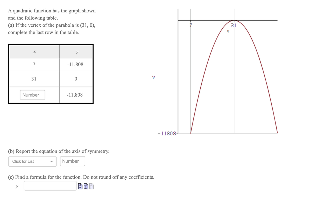 A quadratic function has the graph shown
and the following table.
(a) If the vertex of the parabola is (31, 0),
31
complete the last row in the table.
y
7
-11,808
31
Number
-11,808
-11808-
(b) Report the equation of the axis of symmetry.
Click for List
Number
(c) Find a formula for the function. Do not round off any coefficients.
y =
