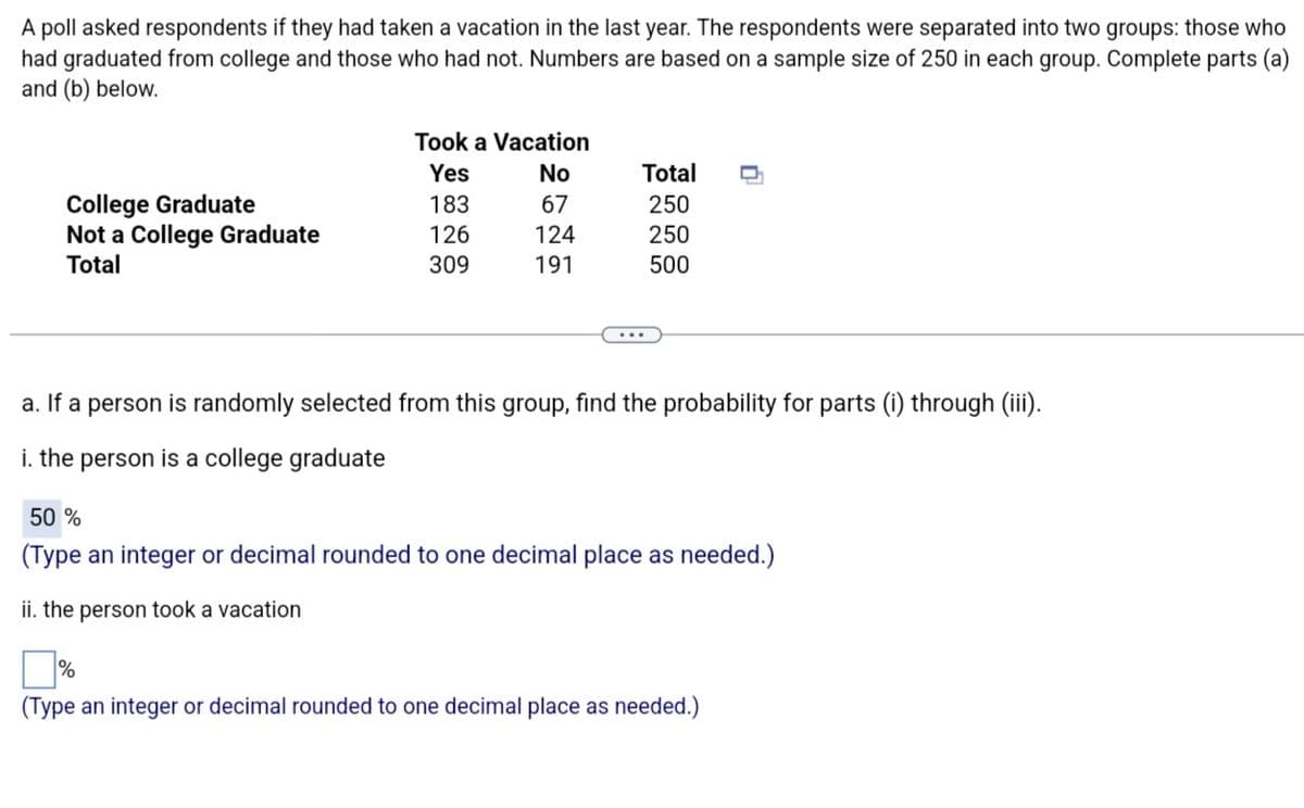 A poll asked respondents if they had taken a vacation in the last year. The respondents were separated into two groups: those who
had graduated from college and those who had not. Numbers are based on a sample size of 250 in each group. Complete parts (a)
and (b) below.
College Graduate
Not a College Graduate
Total
Took a Vacation
Yes
183
126
309
No
67
124
191
Total
250
250
500
□
a. If a person is randomly selected from this group, find the probability for parts (i) through (iii).
i. the person is a college graduate
50 %
(Type an integer or decimal rounded to one decimal place as needed.)
ii. the person took a vacation
%
(Type an integer or decimal rounded to one decimal place as needed.)