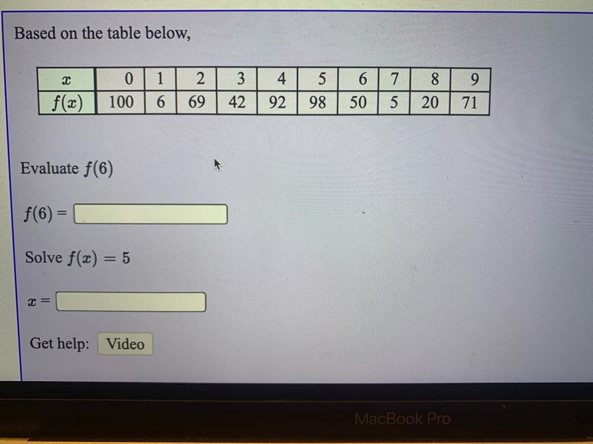 Based on the table below,
1
3
4
6.
7
8
9.
f(x)
100
6
69
42
92
98
50 5
20
71
Evaluate f(6)
f(6) =
Solve f(x) = 5
Get help: Video
MacBook Pro
2.
