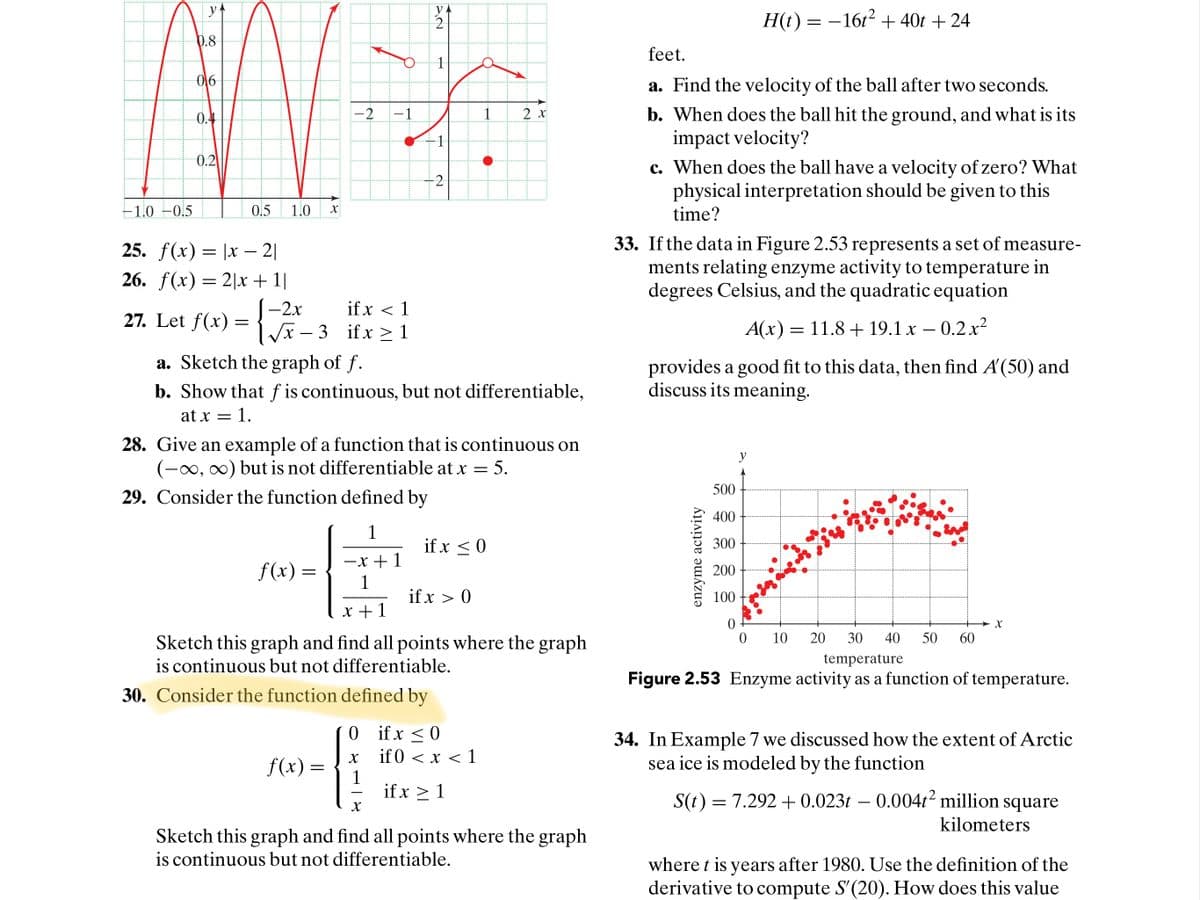 y
y A
H(t) = –16t2 + 40t + 24
0.8
feet.
a. Find the velocity of the ball after two seconds.
b. When does the ball hit the ground, and what is its
impact velocity?
0.4
-1
1
2 x
0.2
c. When does the ball have a velocity of zero? What
physical interpretation should be given to this
time?
-2
-1.0 –0,5
0.5
1.0
25. f(x)= |x – 2|
26. f(x) = 2|x +1|
33. If the data in Figure 2.53 represents a set of measure-
ments relating enzyme activity to temperature in
degrees Celsius, and the quadratic equation
-
27. Let f(x) = &- 3 ifx >1
(-2x
if x < 1
A(x) = 11.8 + 19.1 x – 0.2 x²
a. Sketch the graph of f.
provides a good fit to this data, then find A'(50) and
discuss its meaning.
b. Show that f is continuous, but not differentiable,
at x =
: 1.
28. Give an example of a function that is continuous on
(-0, 00) but is not differentiable at x = 5.
y
29. Consider the function defined by
1
if x < 0
f(x) =
-x + 1
1
if x > 0
X +1
10
20
30
40
50
60
Sketch this graph and find all points where the graph
is continuous but not differentiable.
temperature
Figure 2.53 Enzyme activity as a function of temperature.
30. Consider the function defined by
(0 i fx <0
x if0 < x <1
34. In Example 7 we discussed how the extent of Arctic
sea ice is modeled by the function
f(x) =
1
if x > 1
S(t) = 7.292 + 0.023t – 0.004t² million square
-
kilometers
Sketch this graph and find all points where the graph
is continuous but not differentiable.
where t is years after 1980. Use the definition of the
derivative to compute S'(20). How does this value
enzyme activity
