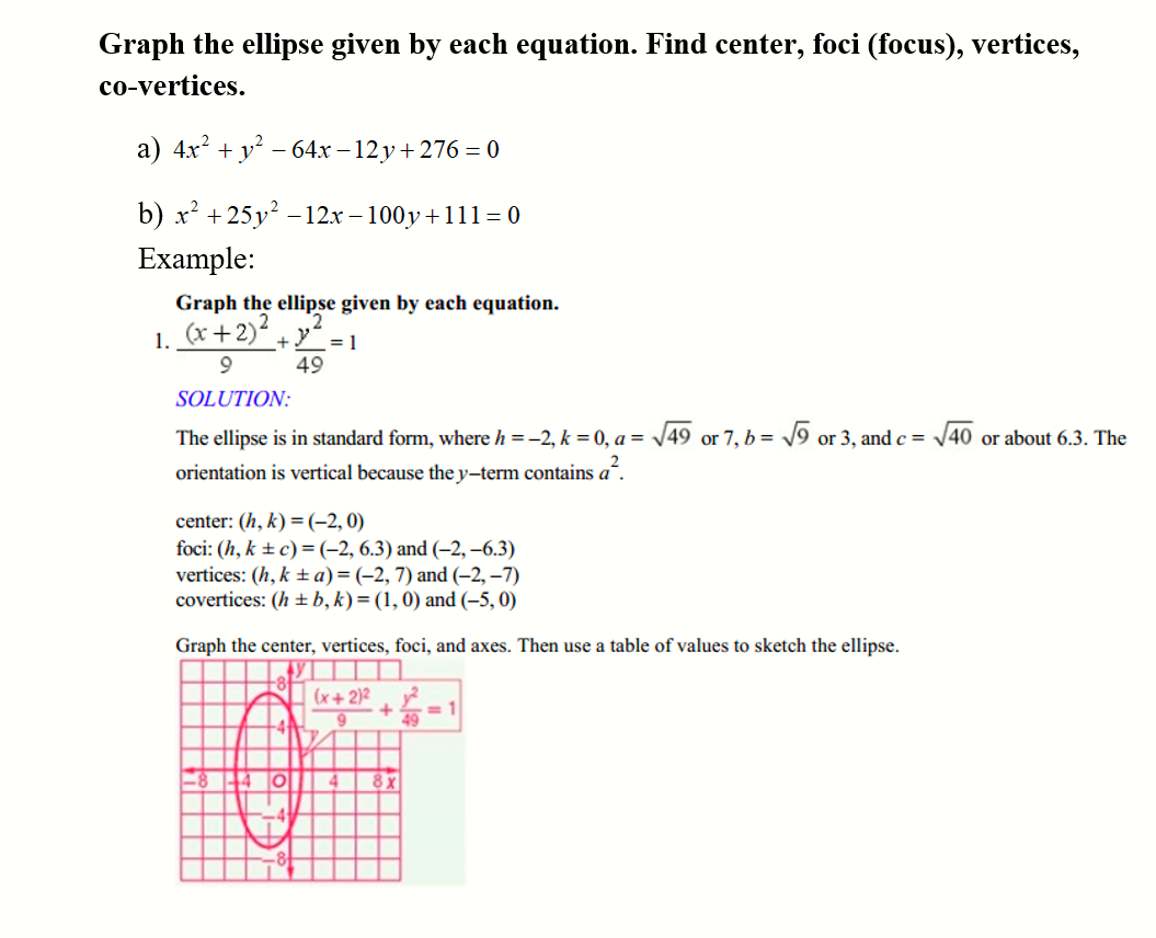 Graph the ellipse given by each equation. Find center, foci (focus), vertices,
co-vertices.
a) 4x + y – 64x – 12 y+ 276 = 0
b) x² + 25y² – 12x – 100y+111= 0
Example:
Graph the ellipse given by each equation.
1. (x+2)* + ¥¨ = 1
12
49
SOLUTION:
The ellipse is in standard form, where h =-2, k = 0, a = V49 or 7, b = /9 or 3, and c =
|40 or about 6.3. The
orientation is vertical because the y-term contains a´.
center: (h, k) =(-2,0)
foci: (h, k ± c) = (-2, 6.3) and (–2, -6.3)
vertices: (h, k ± a)= (-2, 7) and (-2, –7)
covertices: (h + b, k)= (1,0) and (-5, 0)
Graph the center, vertices, foci, and axes. Then use a table of values to sketch the ellipse.
(x+2)2
= 1
49
-4A
8х
