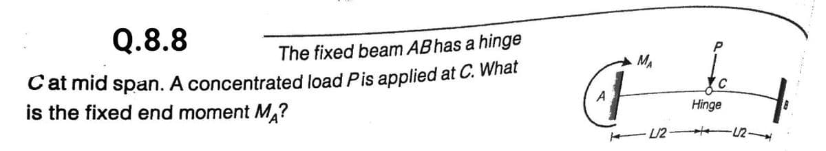 Q.8.8
The fixed beam ABhas a hinge
MA
Cat mid span. A concentrated load Pis applied at C. What
is the fixed end moment MĄ?
Hinge
L/2 U2
