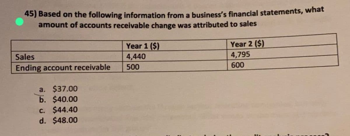 45) Based on the following information from a business's financial statements, what
amount of accounts receivable change was attributed to sales
Sales
Ending account receivable
a. $37.00
b. $40.00
c. $44.40
d. $48.00
Year 1 ($)
4,440
500
Year 2 ($)
4,795
600