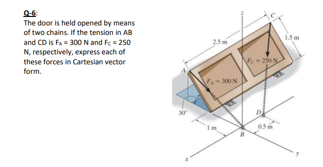 Q-6:
The door is held opened by means
of two chains. If the tension in AB
1.5 m
and CD is FA = 300 N and Fc = 250
N, respectively, express each of
2.5 m
these forces in Cartesian vector
Fc=250 N
form.
FA- 300 N
30
D
0.5 m
y
