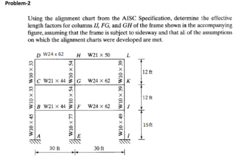 Problem-2
Using the alignment chart from the AISC Specification, determine the effective
length factors for columns 1I, FG, and GH of the frame shown in the accompanying
figure, assuming that the frame is subject to sidesway and that ali of the assumptions
on which the alignment charts were developed are met.
D W24 x 62
H W21 x 50
12 ft
|c w21 × 44 G
G W24 x 62
K
12 ft
B W21 x 44 3F W24 x 62
15ft
30 ft
30 ft
W10 x 45 W10 x 33 W10 x 33
W10 x 77 WI0 x 54 W10 x 54
W10 x 49 W10 x 39 W10 x 39
