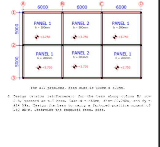 6000
6000
6000
PANEL 1
PANEL 2
PANEL 1
h- 200mem
h- 200m
h- 200mm
+3.750
+3.750
3.750
PANEL 1
PANEL 2
PANEL 1
h- 200mm
h-200mm
h-200mm
3.750
3.750
3.750
For all problems, beam size is 300mm x 500mm.
2. Design tension reinforcement for the beam along column B/ row
2-3, treated as a I-beam. Take d = 450mm, f'c= 20.7MPa, and fy =
414 MPa. Design the beam to carry a factored positive moment of
250 kN-m. Determine the required steel area.
000s
000S
