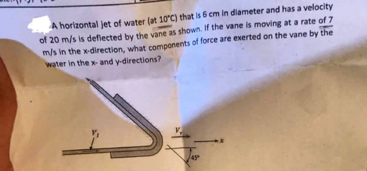 A horizontal jet of water (at 10°C) that is 6 cm in diameter and has a velocity
of 20 m/s is deflected by the vane as shown. If the vane is moving at a rate of 7
m/s in the x-direction, what components of force are exerted on the vane by the
water in the x- and y-directions?
45°