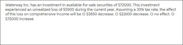 Waterway Inc. has an investment in available-for-sale securities of $72000. This investment
experienced an unrealized loss of $5500 during the current year. Assuming a 30% tax rate, the effect
of this loss on comprehensive income will be O $3850 decrease. O $21600 decrease. O no effect. O
$72000 increase.