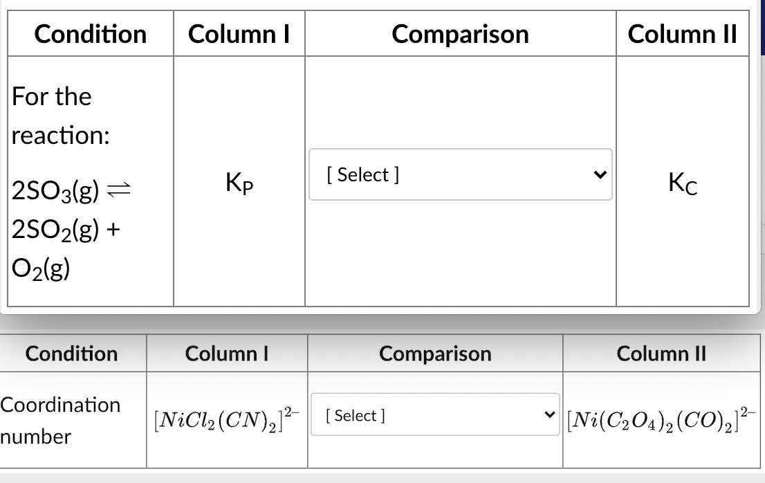 Condition
Column I
Comparison
Column II
For the
reaction:
Кр
[ Select ]
Kc
2SO3(g) =
2SO2(g) +
O2(g)
Condition
Column I
Comparison
Column II
Coordination
[NiCl2 (CN),] ( Select ]
[Ni(C204)2 (CO),]*|
number
>
