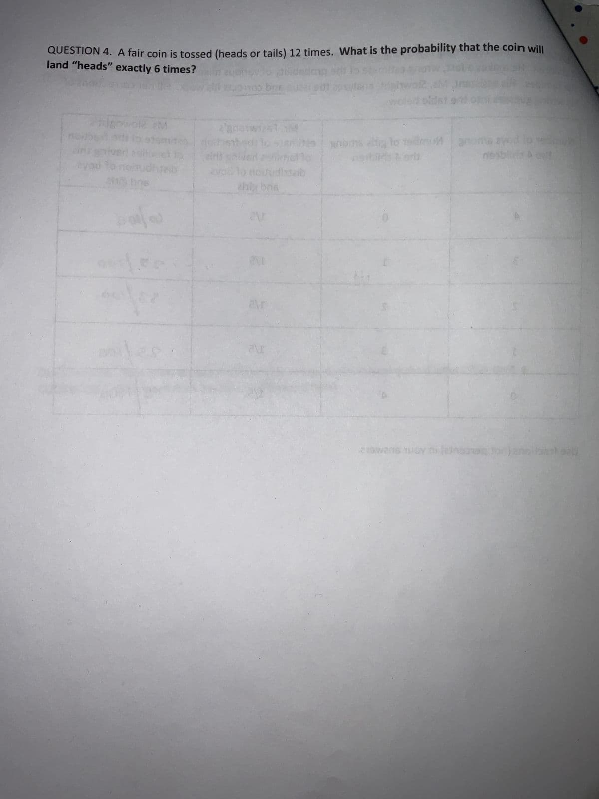 QUESTION 4. A fair coin is tossed (heads or tails) 12 times. What is the probability that the coin will
land "heads" exactly 6 times?xin
Chiar
evod to
this bos
eM
poja
el zondo bre
2 gnotw 1241 M
ver
you to noitudimaib
ahi, bris
V
eu
2\r
2\
pidat
es anothe altig tedmun
21922016 1GYm
nbowq
bl
itsat