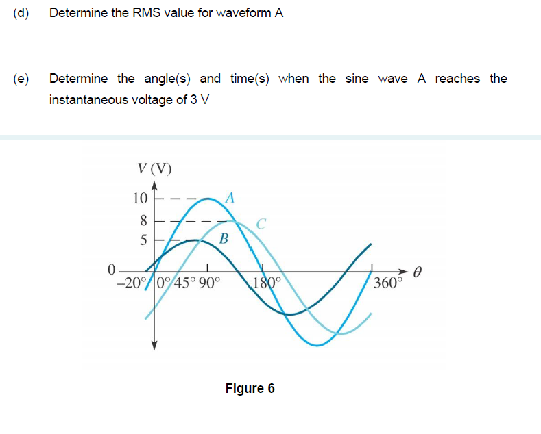 (d)
Determine the RMS value for waveform A
(e)
Determine the angle(s) and time(s) when the sine wave A reaches the
instantaneous voltage of 3 V
V (V)
10
8
5
В
-20%045° 90°
180°
360°
Figure 6
