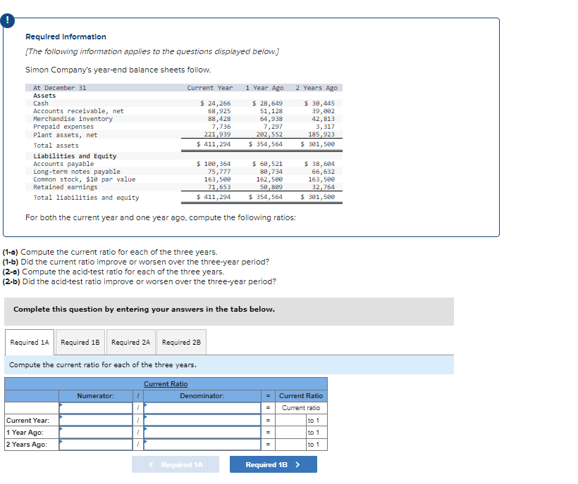 0
Required Information
[The following information applies to the questions displayed below.]
Simon Company's year-end balance sheets follow.
At December 31
Assets
Cash
Accounts receivable, net
Merchandise inventory
Prepaid expenses
Plant assets, net
Total assets
Current Year
$ 24,266
68,925
88,428
7,736
221,939
$ 411,294
Liabilities and Equity
Accounts payable
Long-term notes payable
Common stock, $10 par value
Retained earnings
Total liabilities and equity
For both the current year and one year ago, compute the following ratios:
(1-0) Compute the current ratio for each of the three years.
(1-b) Did the current ratio improve or worsen over the three-year period?
(2-a) Compute the acid-test ratio for each of the three years.
(2-b) Did the acid-test ratio improve or worsen over the three-year period?
Required 1A Required 18 Required 2A Required 2B
Current Year:
1 Year Ago:
2 Years Ago:
$ 100,364
75,777
163,500
71,653
$ 411,294
Complete this question by entering your answers in the tabs below.
Compute the current ratio for each of the three years.
Numerator:
I
1
Current Ratio
1 Year Ago
$ 28,649
51,128
64,938
7,297
282,552
$ 354,564
Denominator:
$ 60,521
88,734
162,500
50,809
$ 354,564
< Required 1A
2 Years Ago
$ 30,445
39,082
42,813
3,317
185,923
$ 301,500
$ 38,604
66,632
163,500
32,764
$ 301,500
= Current Ratio
Current ratio
to 1
to 1
to 1
Required 1B >