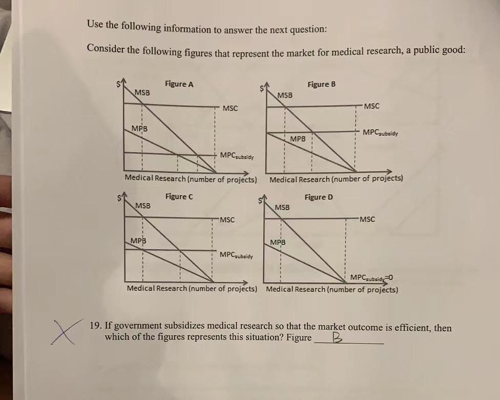 Use the following information to answer the next question:
Consider the following figures that represent the market for medical research, a public good:
Figure A
Figure B
MSB
MSB
MSC
MSC
MPB
MPCubsidy
MPB
MPCubsidy
Medical Research (number of projects)
Medical Research (number of projects)
Figure C
Figure D
MSB
MSB
MSC
-MSC
MP3
MPB
MPCubsidy
MPCbsid0
Medical Research (number of projects) Medical Research (number of projects)
19. If government subsidizes medical research so that the market outcome is efficient, then
which of the figures represents this situation? Figure
