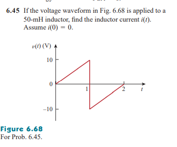 6.45 If the voltage waveform in Fig. 6.68 is applied to a
50-mH inductor, find the inductor current i(t).
Assume i(0) = 0.
v(t) (V)
10
-10
Figure 6.68
For Prob. 6.45.
2,
