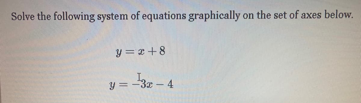 Solve the following system of equations graphically on the set of axes below.
y = x +8
y = -
