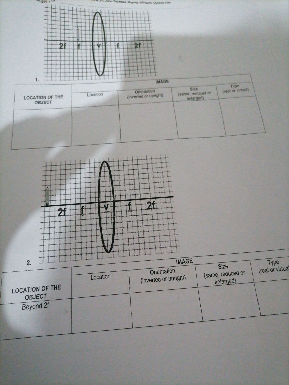 Sate Veterana, Bagong Silangan, Quenon City
f
2f
1.
IMAGE
Type
(real or virtual)
LOCATION OF THE
Orientation
(inverted or upright)
Size
(same, reduced or
enlarged)
Location
OBJECT
H|||||
2f
f
2f.
క
2.
IMAGE
Тype
(real or virtuak
Orientation
Size
Location
(same, reduced or
enlarged)
(inverted or upright)
LOCATION OF THE
OBJECT
Beyond 2f
21
