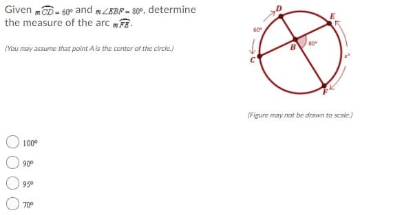 Given mD- 60° and mLEBF = 80°, determine
the measure of the arc FE.
60
(You may assume that point A is the center of the circle.)
(Figure may not be drawn to scale.)
O 100°
90°
95°
700
