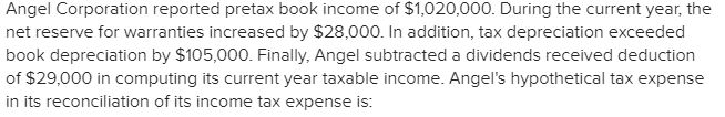 Angel Corporation reported pretax book income of $1,020,000. During the current year, the
net reserve for warranties increased by $28,000. In addition, tax depreciation exceeded
book depreciation by $105,000. Finally, Angel subtracted a dividends received deduction
of $29,000 in computing its current year taxable income. Angel's hypothetical tax expense
in its reconciliation of its income tax expense is: