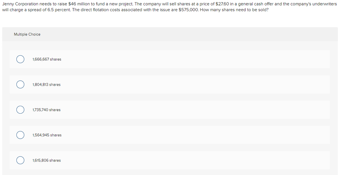 Jenny Corporation needs to raise $46 million to fund a new project. The company will sell shares at a price of $27.60 in a general cash offer and the company's underwriters
will charge a spread of 6.5 percent. The direct flotation costs associated with the issue are $575,000. How many shares need to be sold?
Multiple Choice
1,666,667 shares
1,804,813 shares
1,735,740 shares
1,564,945 shares
1,615,806 shares