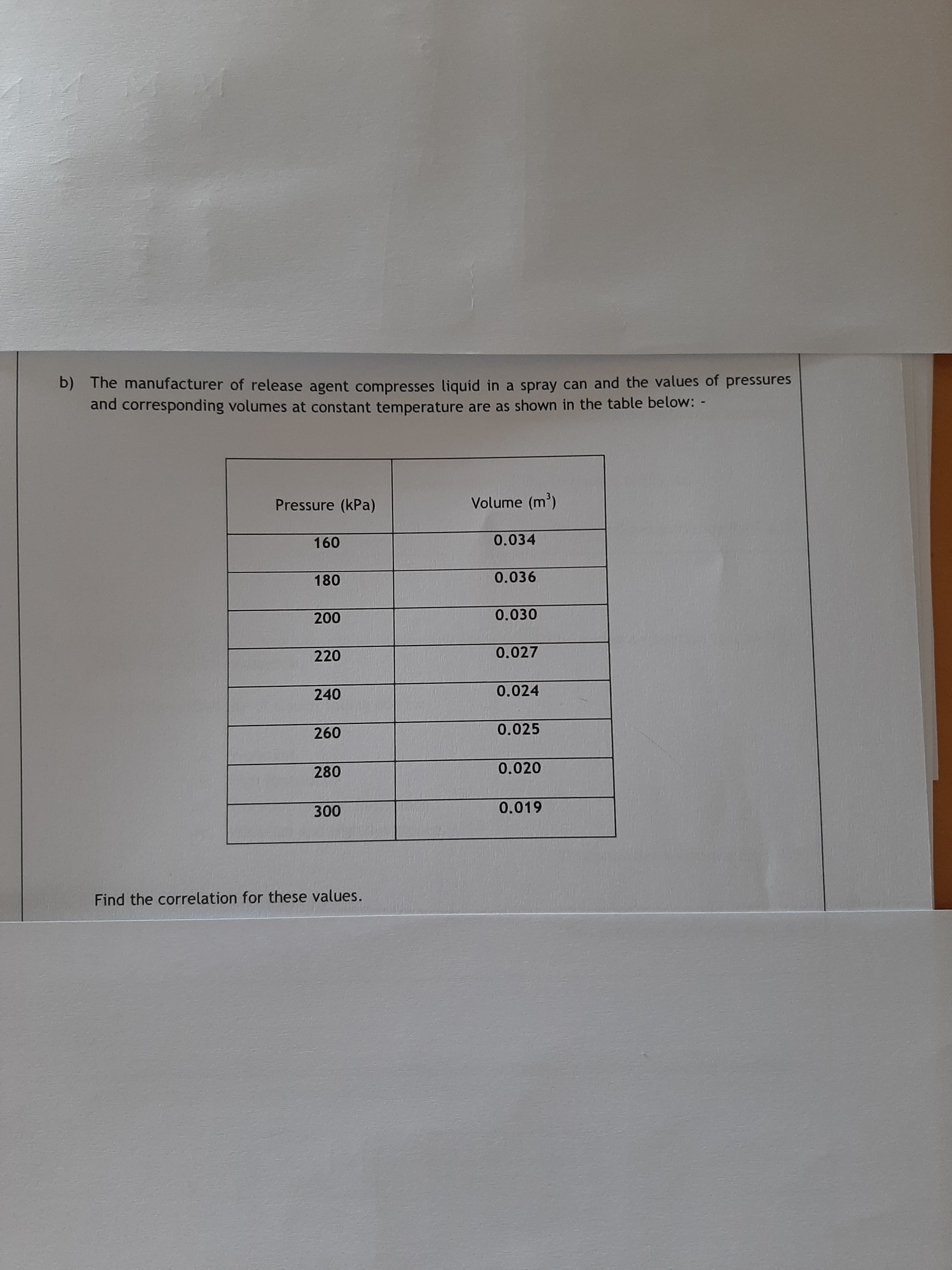 b) The manufacturer of release agent compresses liquid in a spray can and the values of pressures
and corresponding volumes at constant temperature are as shown in the table below: -
Pressure (kPa)
Volume (m')
160
0.034
180
0.036
200
0.030
220
0.027
240
0.024
260
0.025
280
0.020
300
0.019
Find the correlation for these values.
