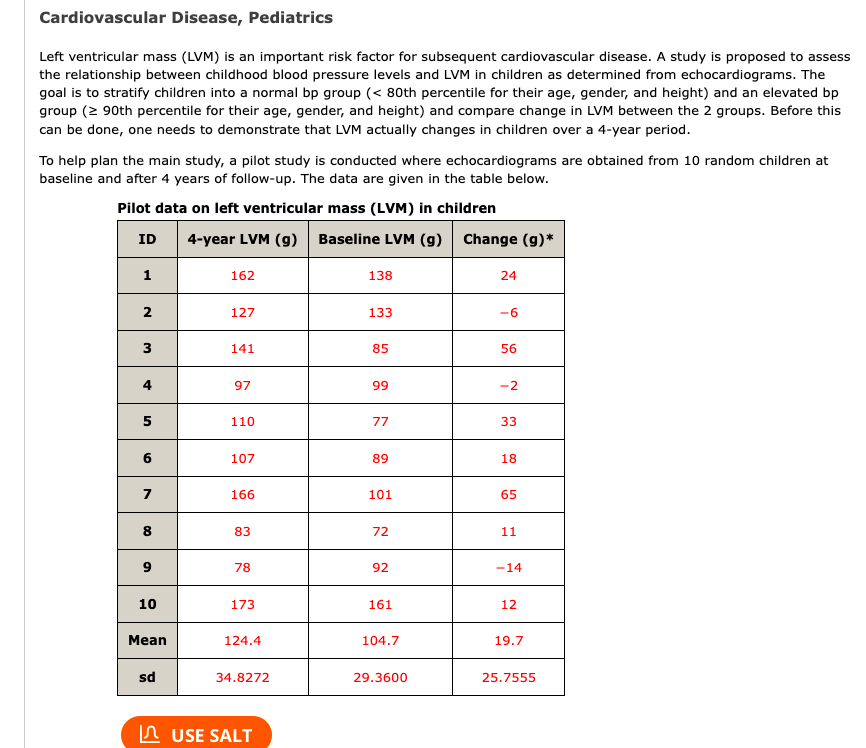 Cardiovascular Disease, Pediatrics
Left ventricular mass (LVM) is an important risk factor for subsequent cardiovascular disease. A study is proposed to assess
the relationship between childhood blood pressure levels and LVM in children as determined from echocardiograms. The
goal is to stratify children into a normal bp group (< 80th percentile for their age, gender, and height) and an elevated bp
group (≥ 90th percentile for their age, gender, and height) and compare change in LVM between the 2 groups. Before this
can be done, one needs to demonstrate that LVM actually changes in children over a 4-year period.
To help plan the main study, a pilot study is conducted where echocardiograms are obtained from 10 random children at
baseline and after 4 years of follow-up. The data are given in the table below.
Pilot data on left ventricular mass (LVM) in children
ID
1
2
3
4
5
6
7
8
9
10
Mean
sd
4-year LVM (g) Baseline LVM (g) Change (g)*
162
127
141
97
110
107
166
83
78
173
124.4
34.8272
USE SALT
138
133
85
99
77
89
101
72
92
161
104.7
29.3600
24
-6
56
-2
33
18
65
11
-14
12
19.7
25.7555