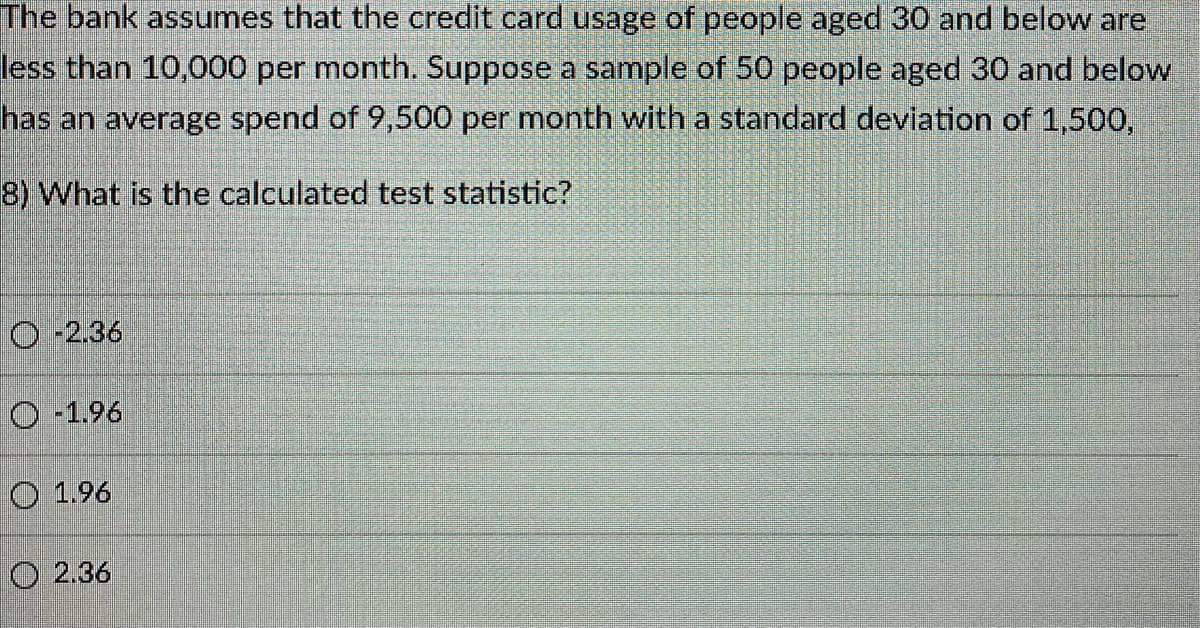 The bank assumes that the credit card usage of people aged 30 and below are
less than 10,000 per month. Suppose a sample of 50 people aged 30 and below
has an average spend of 9,500 per month with a standard deviation of 1,500,
8) What is the calculated test statistic?
O -2.36
O -1.96
O 1.96
O 2.36
