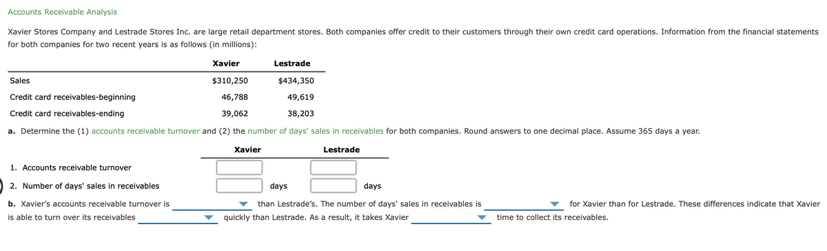 Accounts Receivable Analysis
Xavier Stores Company and Lestrade Stores Inc. are large retail department stores. Both companies offer credit to their customers through their own credit card operations. Information from the financial statements
for both companies for two recent years is as follows (in millions):
Хavier
Lestrade
Sales
$310,250
$434,350
Credit card receivables-beginning
46,788
49,619
Credit card receivables-ending
39,062
38,203
a. Determine the (1) accounts receivable turnover and (2) the number of days' sales in receivables for both companies. Round answers to one decimal place. ASsume 365 days a year.
Xavier
Lestrade
1. Accounts receivable turnover
2. Number of days' sales in receivables
days
days
b. Xavier's accounts receivable turnover is
than Lestrade's. The number of days' sales in receivables is
for Xavier than for Lestrade. These differences indicate that Xavier
is able to turn over its receivables
quickly than Lestrade. As a result, it takes Xavier
time to collect its receivables.
